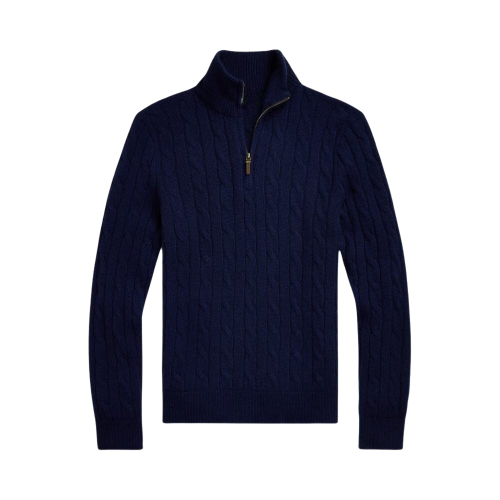 Kaschmir-Zopfstrickpullover mit kurzem Reißverschluss