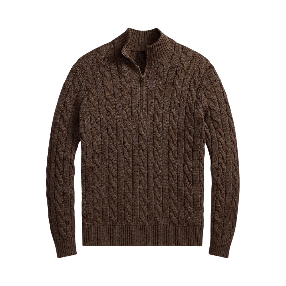 Grober Baumwoll-Zopfstrickpullover mit kurzem Reißverschluss