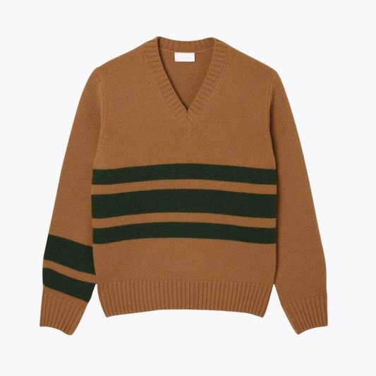 Gestreifter Wollpullover mit V-Ausschnitt
