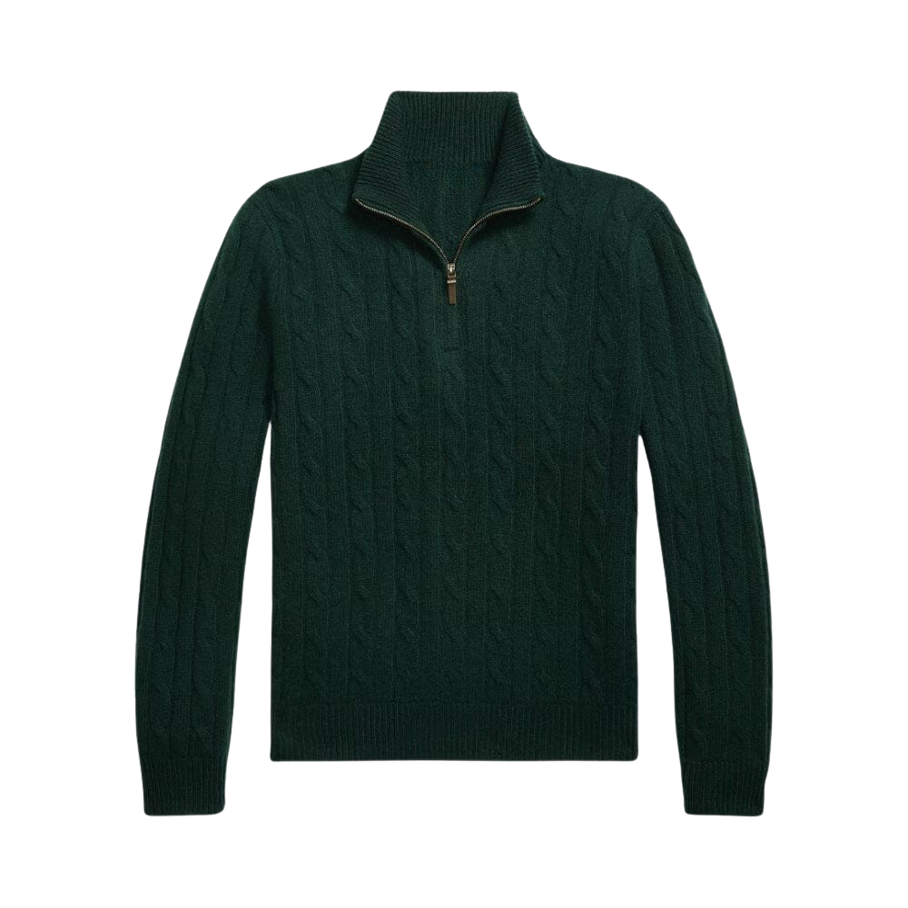 Kaschmir-Zopfstrickpullover mit kurzem Reißverschluss
