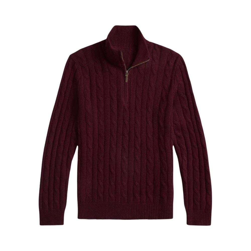 Kaschmir-Zopfstrickpullover mit kurzem Reißverschluss