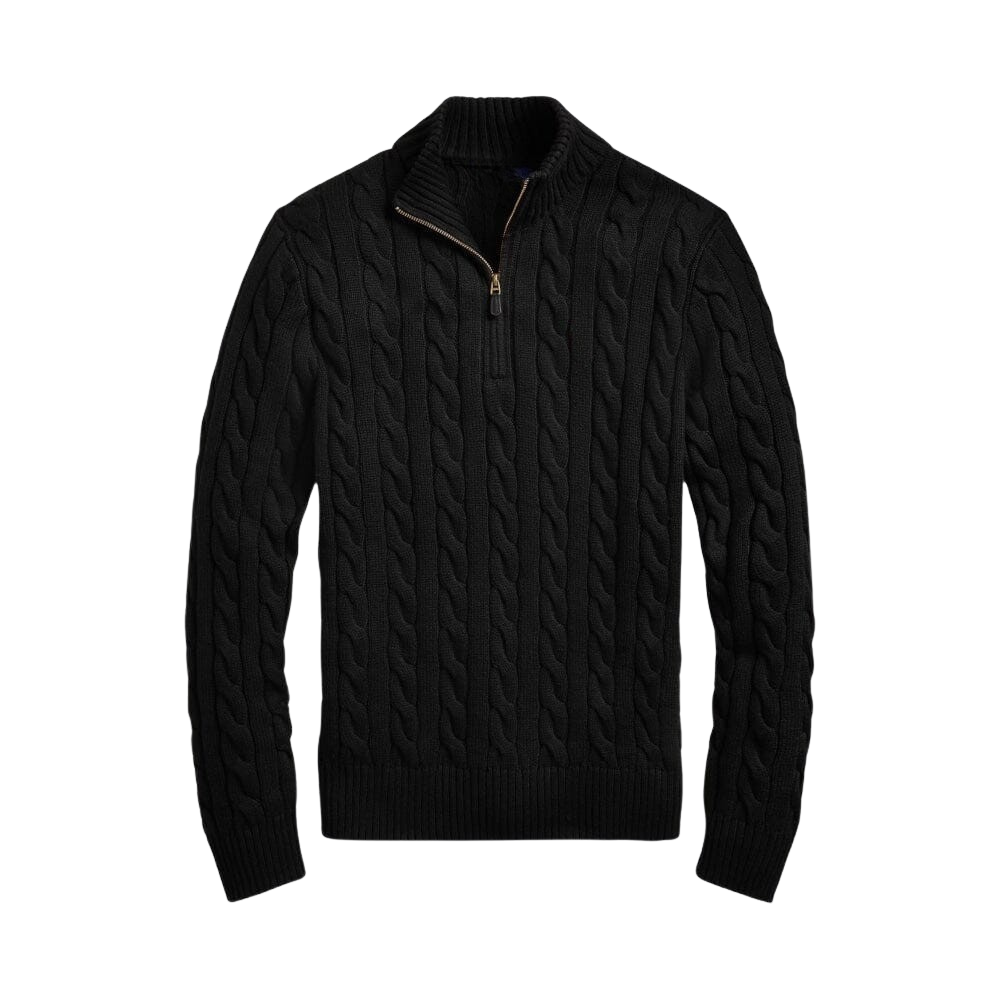 Grober Baumwoll-Zopfstrickpullover mit kurzem Reißverschluss