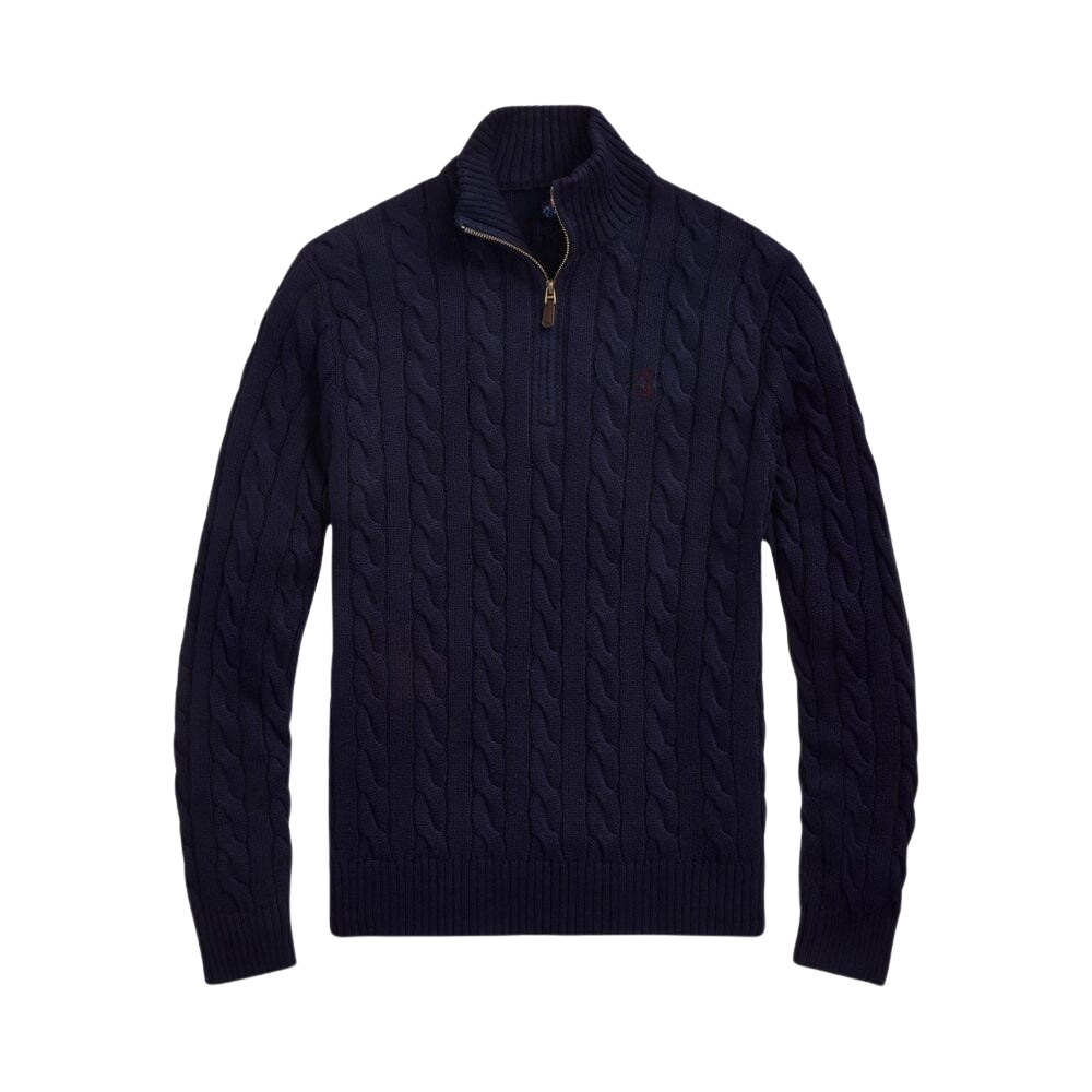 Grober Baumwoll-Zopfstrickpullover mit kurzem Reißverschluss