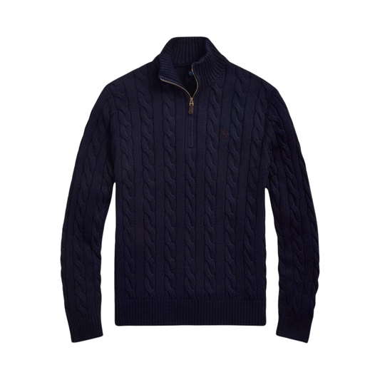 Grober Baumwoll-Zopfstrickpullover mit kurzem Reißverschluss