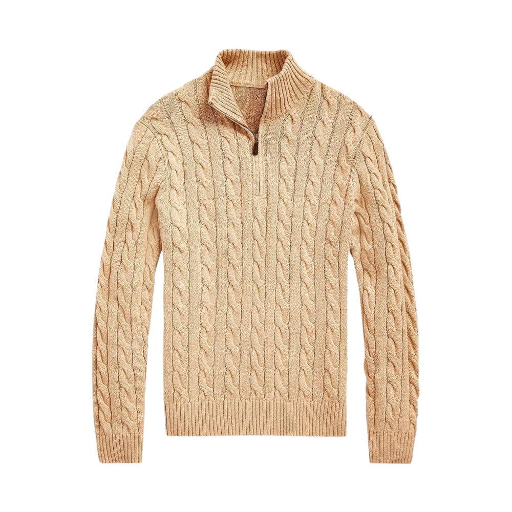 Grober Baumwoll-Zopfstrickpullover mit kurzem Reißverschluss