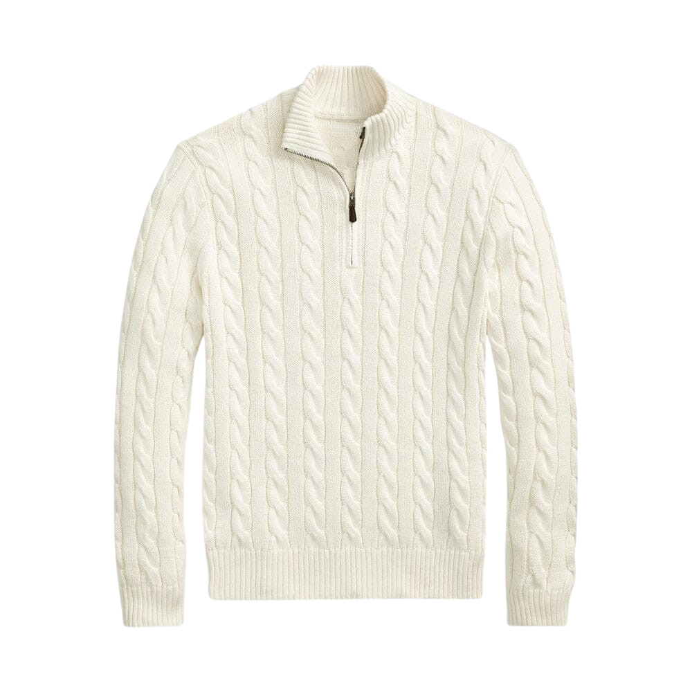 Grober Baumwoll-Zopfstrickpullover mit kurzem Reißverschluss