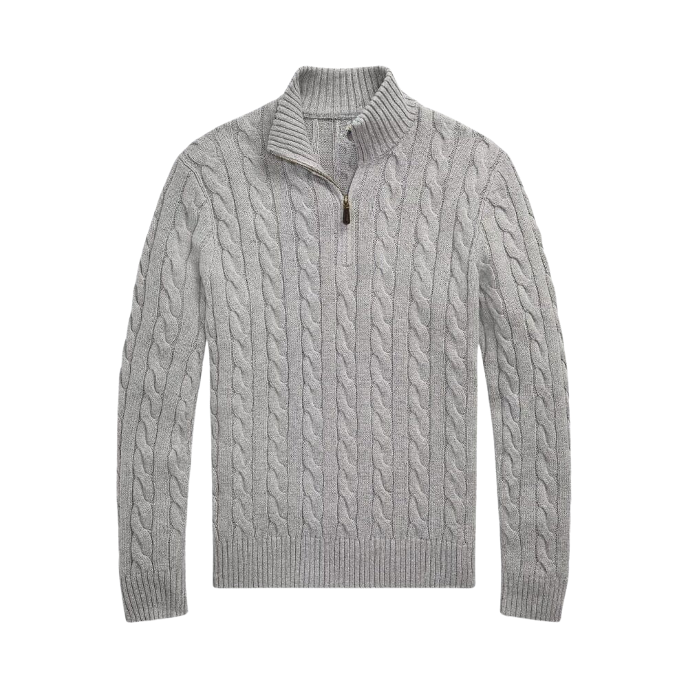 Grober Baumwoll-Zopfstrickpullover mit kurzem Reißverschluss